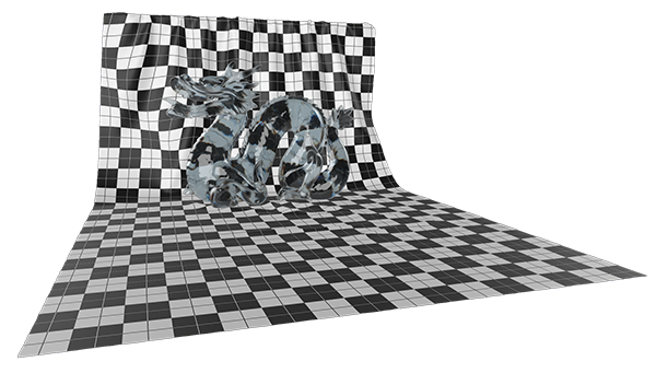A 3D translucent glass sculpture of a dragon sitting in front of a checkerboard background illustration dispersion of the pattern through the glass.