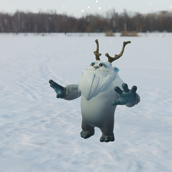 A yeti character standing in a snowy field with hands outstretched