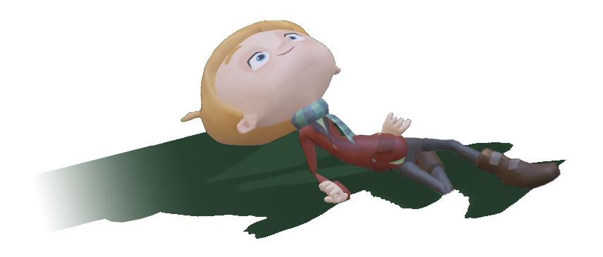 A stylized 3D charcter with a large head sprawled on the ground from falling as a ragdoll