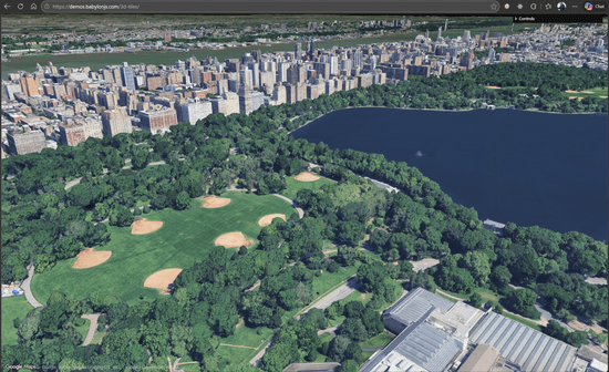 An aerial 3D view of Central Park and surrounding New York City buildings rendered with 3D Tiles geospatial data