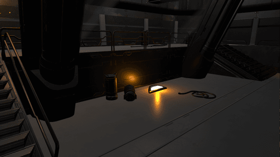 A dark industrial scene with a glowing orange light source on the floor near stairs, demonstrating spatial audio positioning