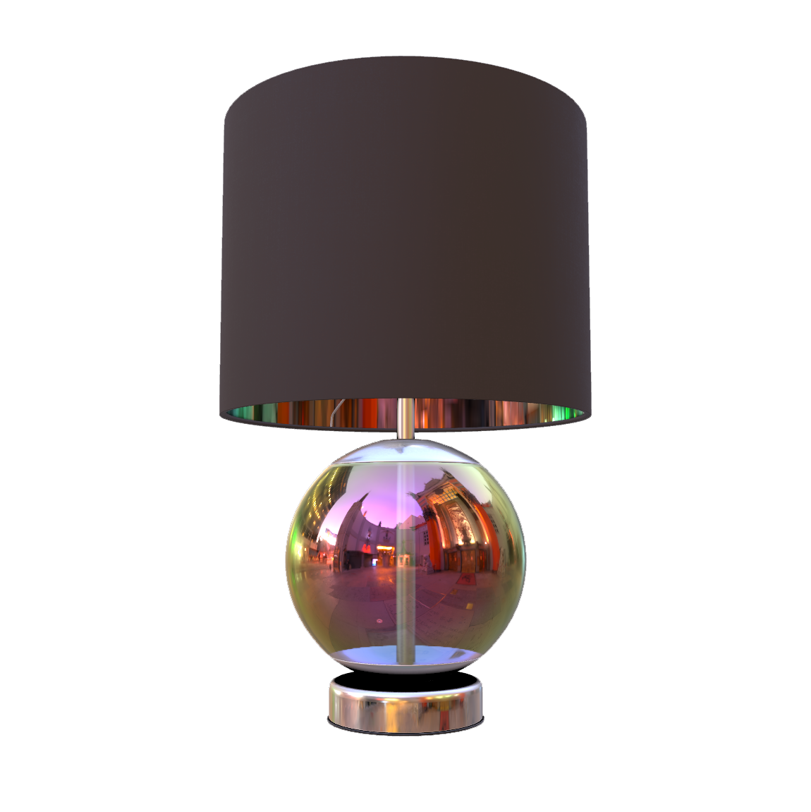 A 3D render of a lamp with an iridescent glass material making up a sphere for the lamp body and a grey shade with a shiny reflective interior.