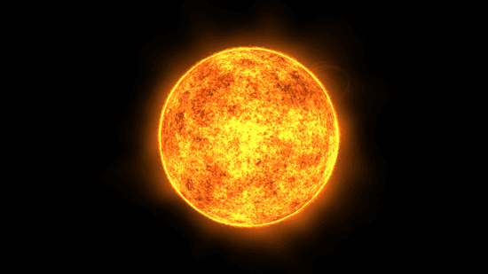 A fiery sun rendered entirely with particles, glowing bright orange and yellow against a black background