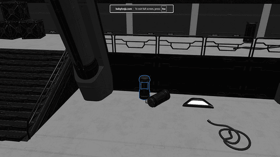 A grayscale 3D scene with objects highlighted by colored outlines, including a blue-outlined car and other industrial objects