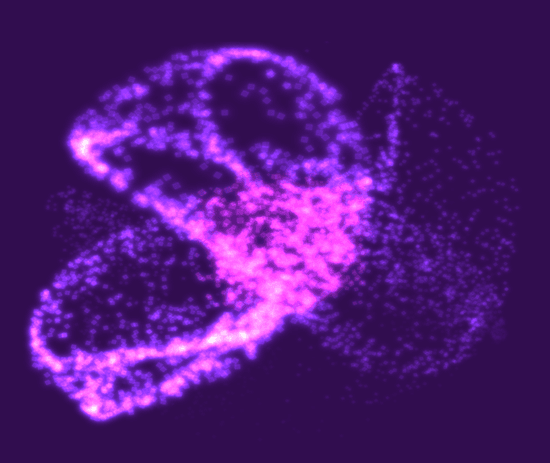 Glowing purple and pink particles forming a swirling pattern against a dark purple background