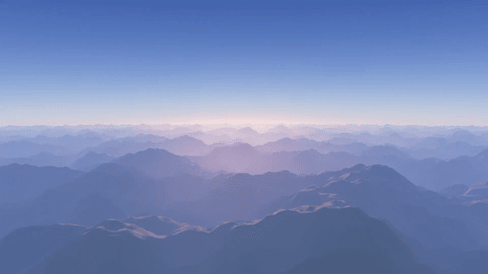 A panoramic view of mountain ranges at sunrise with realistic atmospheric haze and light scattering