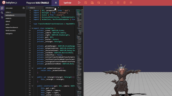 The Babylon.js Playground with multi-file editing showing TypeScript code tabs and a 3D character model preview