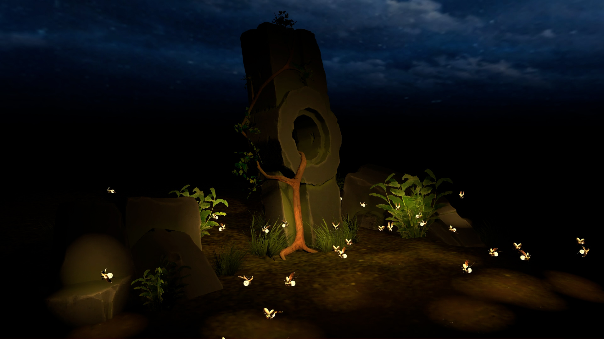 Dozens of glowing fireflies illuminating stone ruins, ferns, and a vine-wrapped tree in a dark nighttime scene
