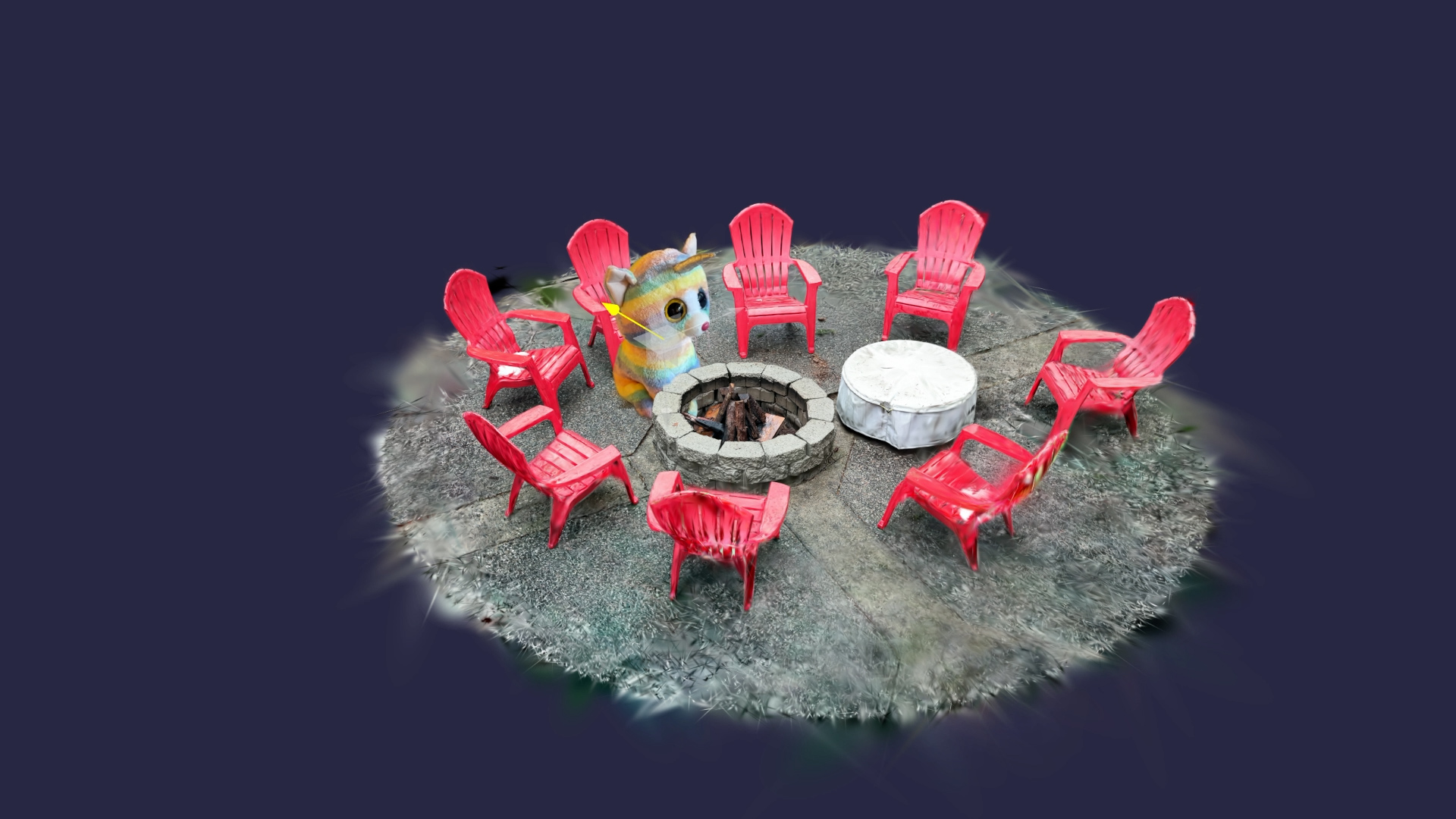 A Gaussian splat capture of red Adirondack chairs around a stone fire pit with a colorful cartoon cat character