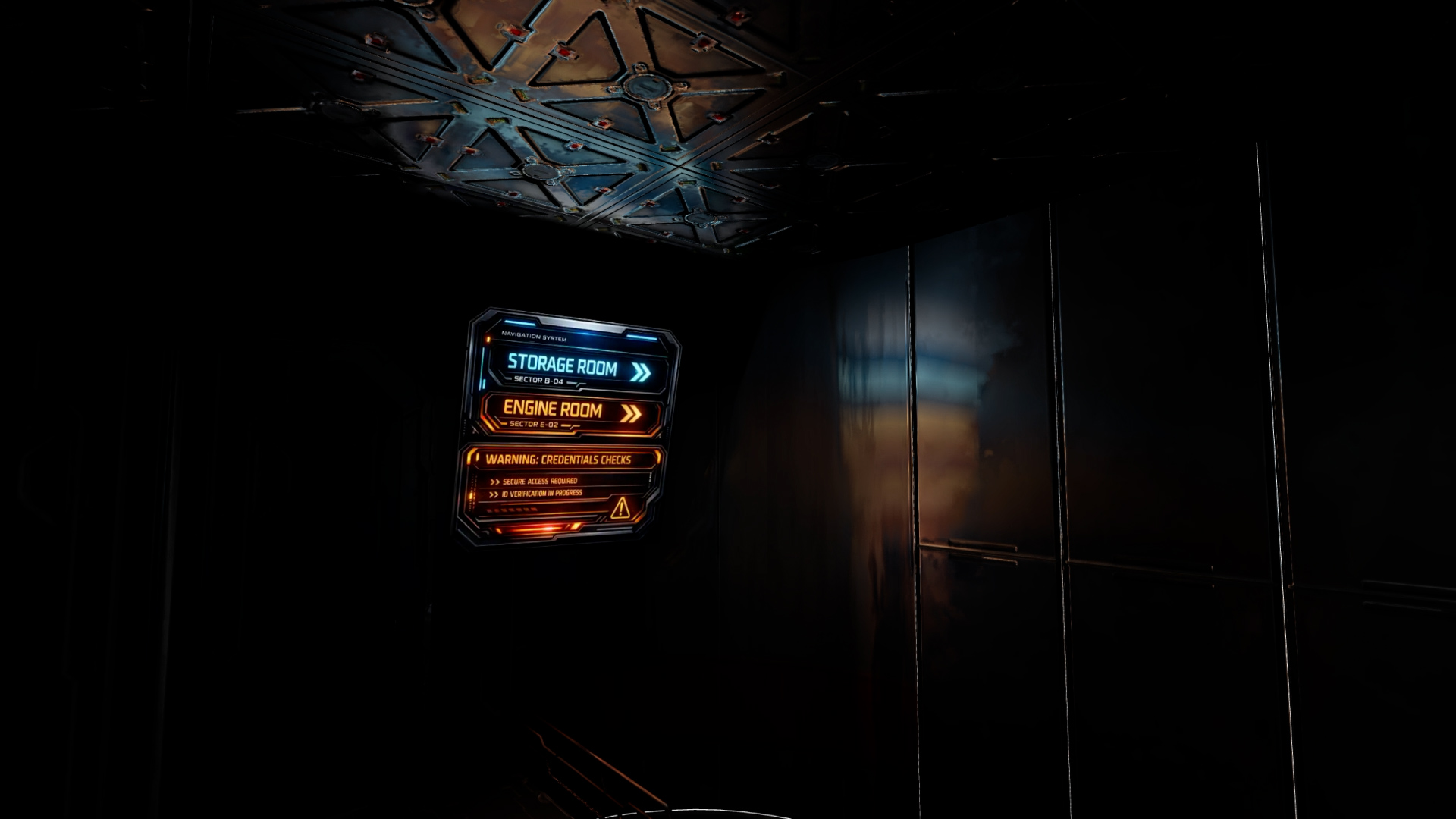 A sci-fi corridor with a glowing navigation sign casting orange and blue light onto dark metallic walls