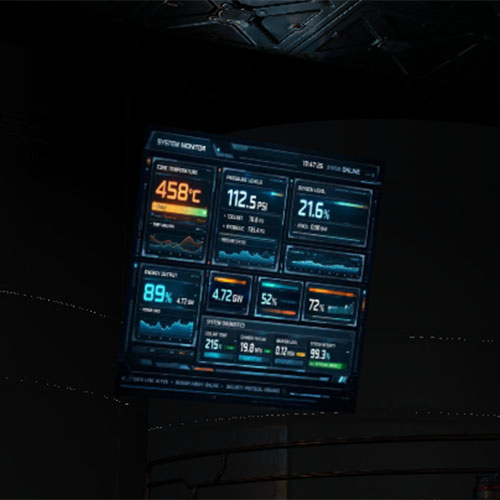 A glowing sci-fi system monitor display showing temperature, pressure, and energy readings in a dark industrial environment