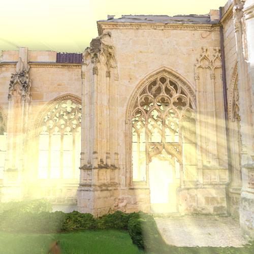 Sunlight streaming through Gothic arched windows of a stone cathedral interior rendered as a Gaussian splat
