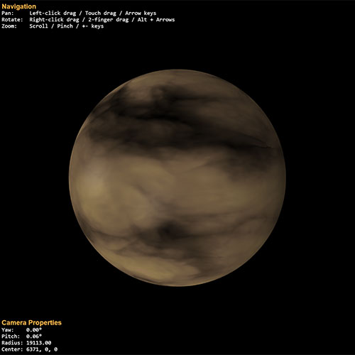 A textured planet with swirling brown and tan cloud patterns viewed from orbit against a black space background with navigation controls overlay