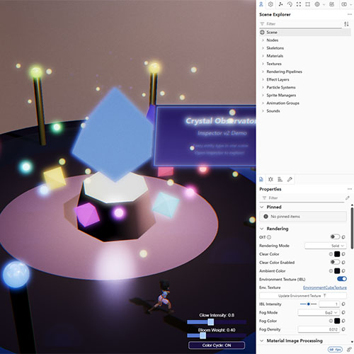 A colorful 3D scene with glowing crystals, candles, and floating orbs alongside the Inspector v2 Scene Explorer and Properties panels
