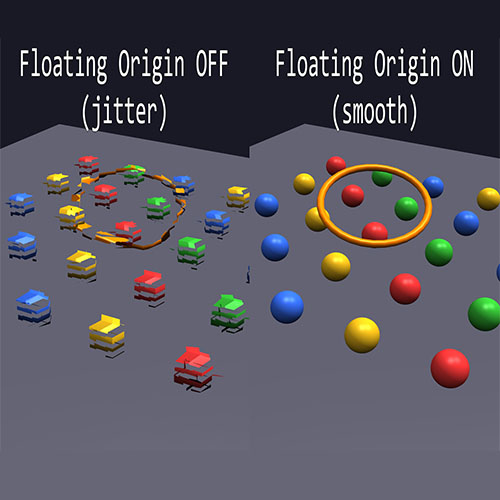 Side-by-side comparison showing jittering artifacts with Floating Origin off versus smooth, stable objects with Floating Origin on