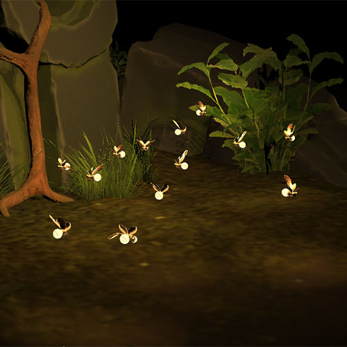 A cluster of glowing fireflies hovering over a dirt path among rocks, ferns, and a tree trunk in a dark outdoor scene