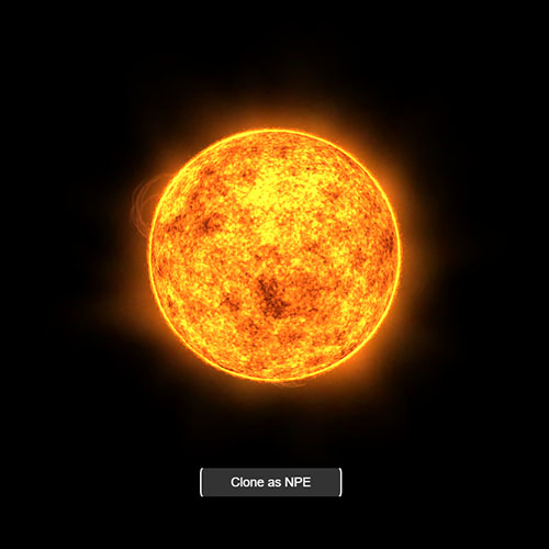 A bright fiery sun made entirely of particles, glowing orange and yellow with solar flares against a black background