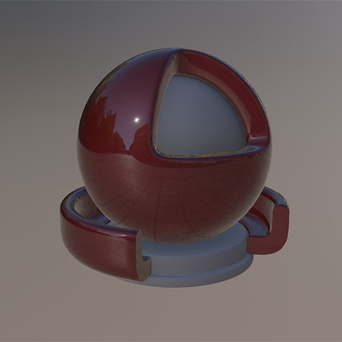 A glossy dark red sphere with a cutaway revealing a matte interior, sitting on a blue-gray pedestal with clear coat reflections
