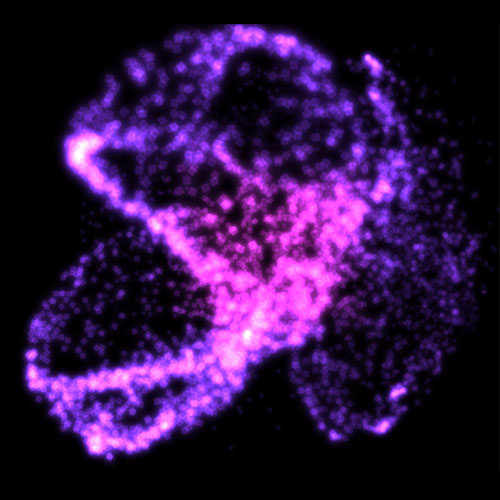 Swirling purple and pink glowing particles forming an abstract flowing pattern against a dark background