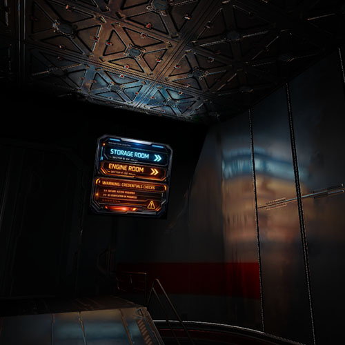 A sci-fi corridor with a glowing navigation sign reading Storage Room and Engine Room, casting orange and blue light on metallic walls
