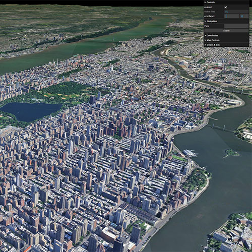 An aerial 3D view of Manhattan showing photorealistic buildings, parks, and waterways streamed from geospatial tile data