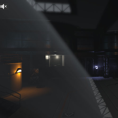 A dark industrial warehouse interior with a dramatic diagonal light shaft cutting through hazy atmosphere