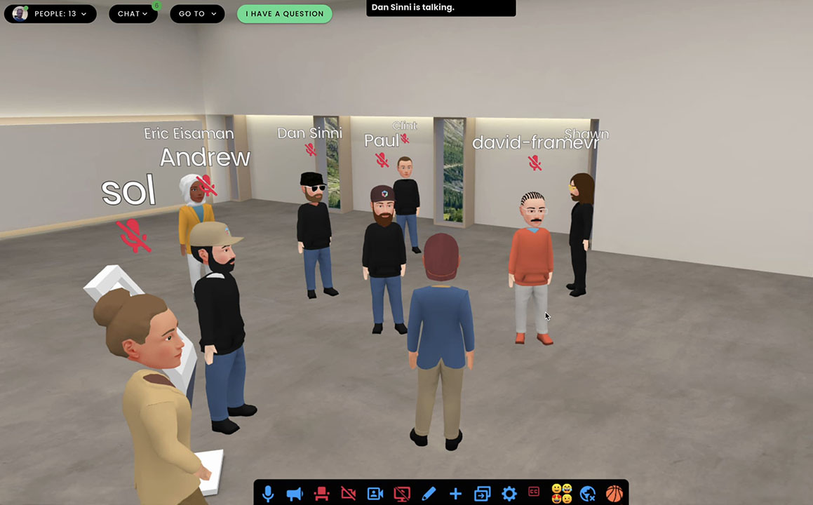 A 3D room filled with various avatars wearing colorful clothes with user names floating over their heads. Some also have muted microphone icons under their names.