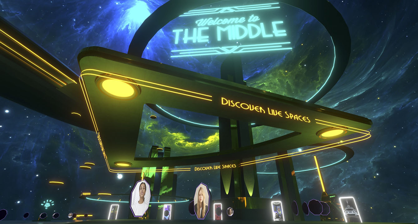 A futuristic kiosk in front of a starfield with nebula and illuminated signs saying welcome to the middle and discover live spaces.Below the kiosk are several portraits on disks which represent simple avatars.